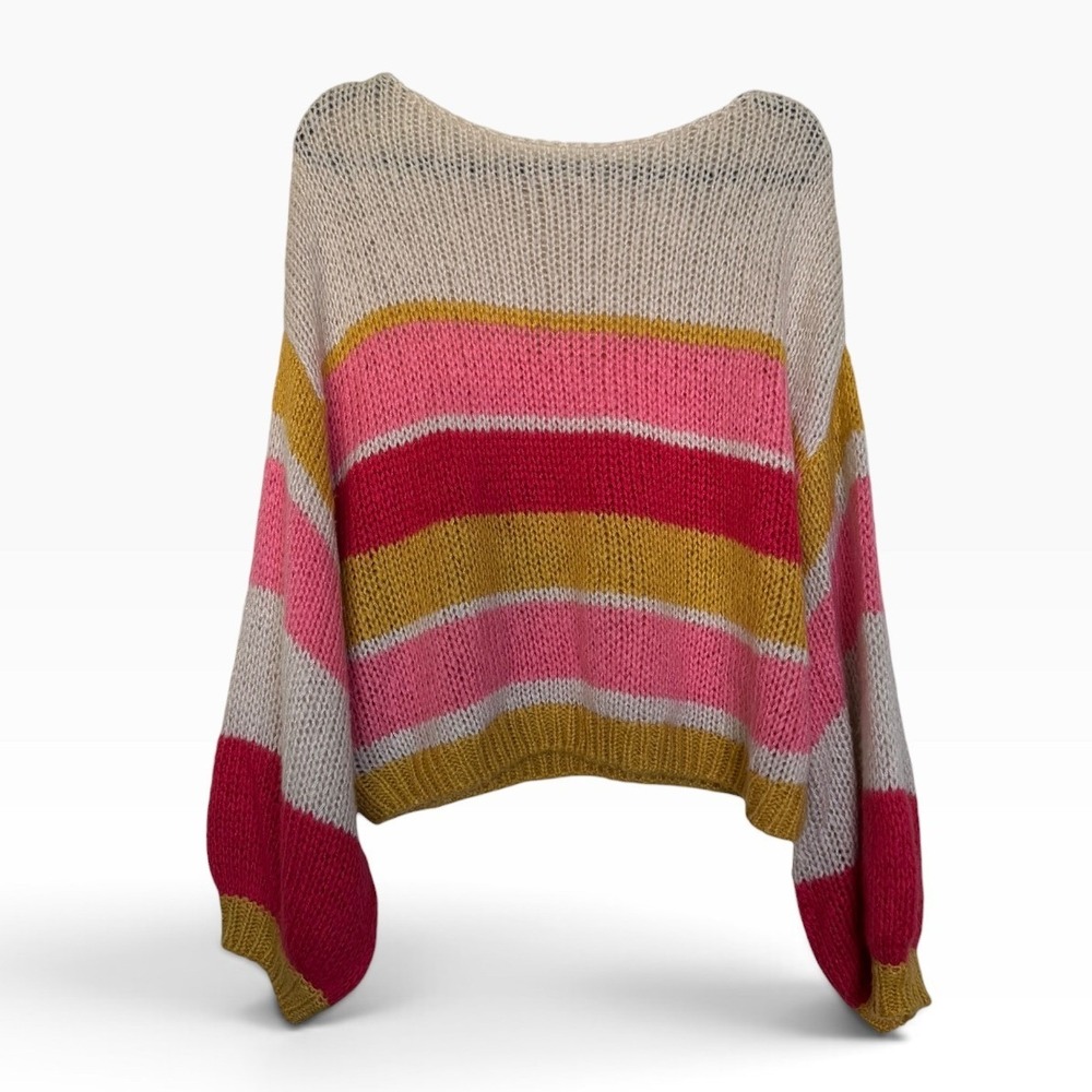 Billabong Striped Knit Sweater Pink Yellow Cream Balloon Sleeve Large